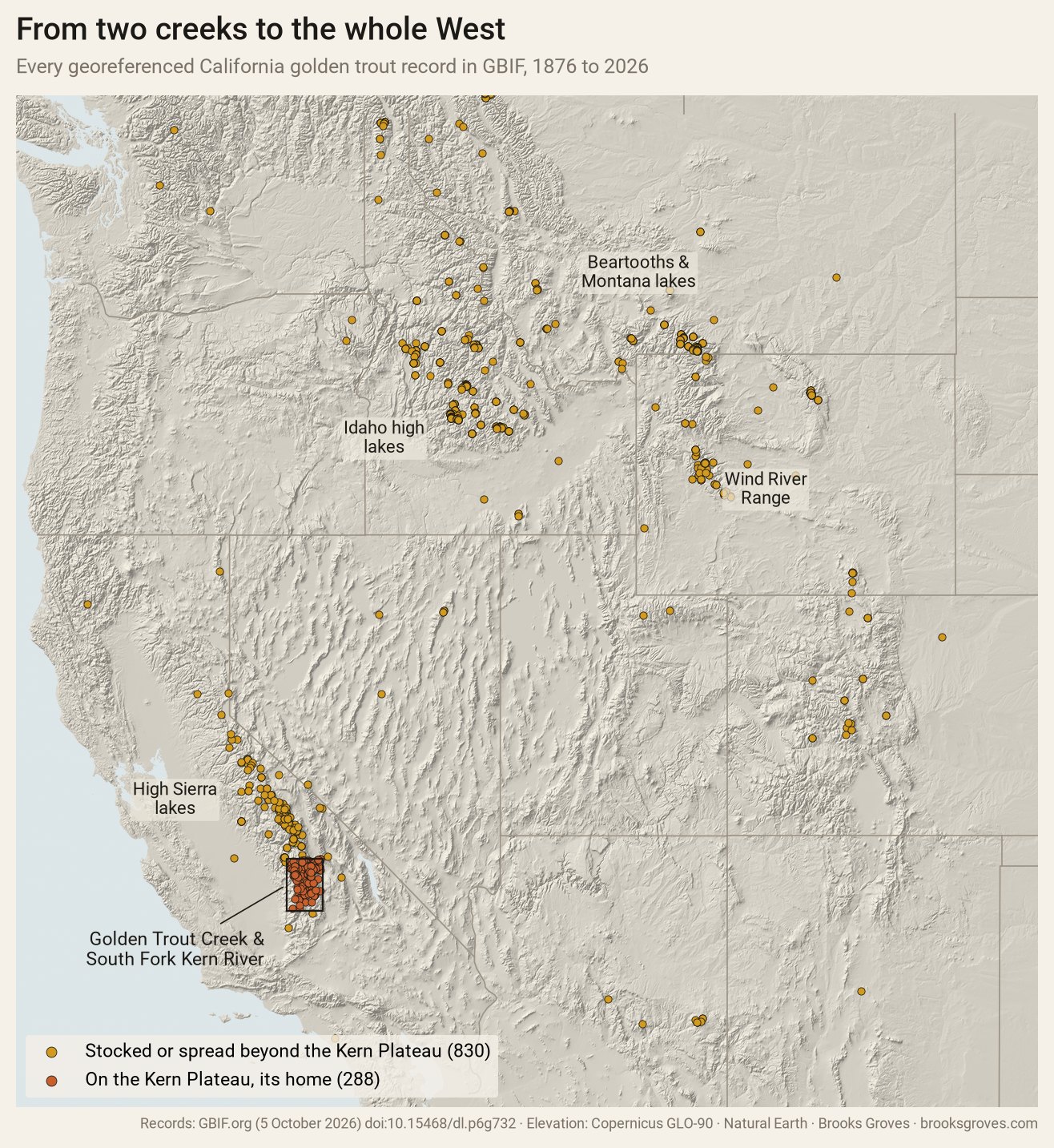 Shaded relief map of the western United States. A small box around the Kern Plateau in the southern Sierra Nevada is filled with rust dots, the golden trout's home. Gold dots spread north along the high Sierra, and in clusters across central Idaho, southwest Montana and the Beartooths, the Wind River Range in Wyoming, and Colorado, with scattered dots in Washington, Utah, Nevada and Arizona.