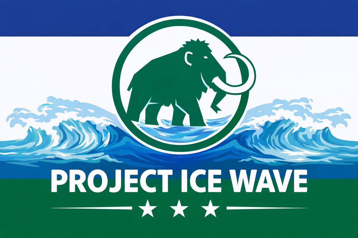 The IceWave flag: a green mammoth in a circle above blue breaking waves, on navy, white and green bands