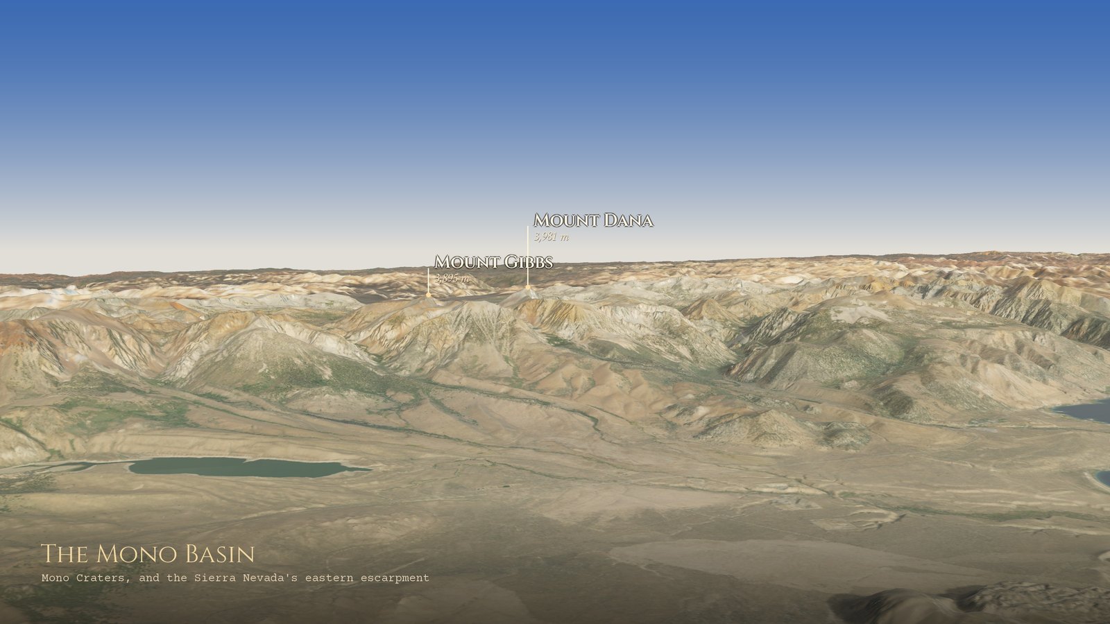 The final view looking west across the basin to the Sierra Nevada's eastern escarpment, with Mount Dana and Mount Gibbs on the skyline and Grant Lake in the foreground