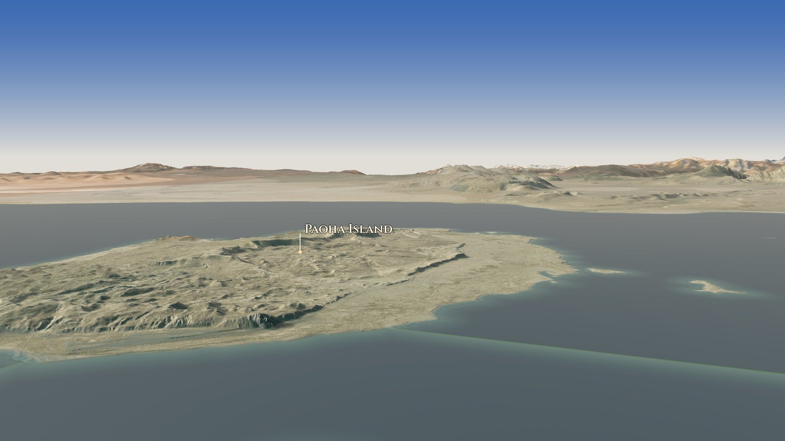 Paoha Island seen from the air over deep blue water: a broad, pale island with low hills and the ridges of its uplifted lakebed