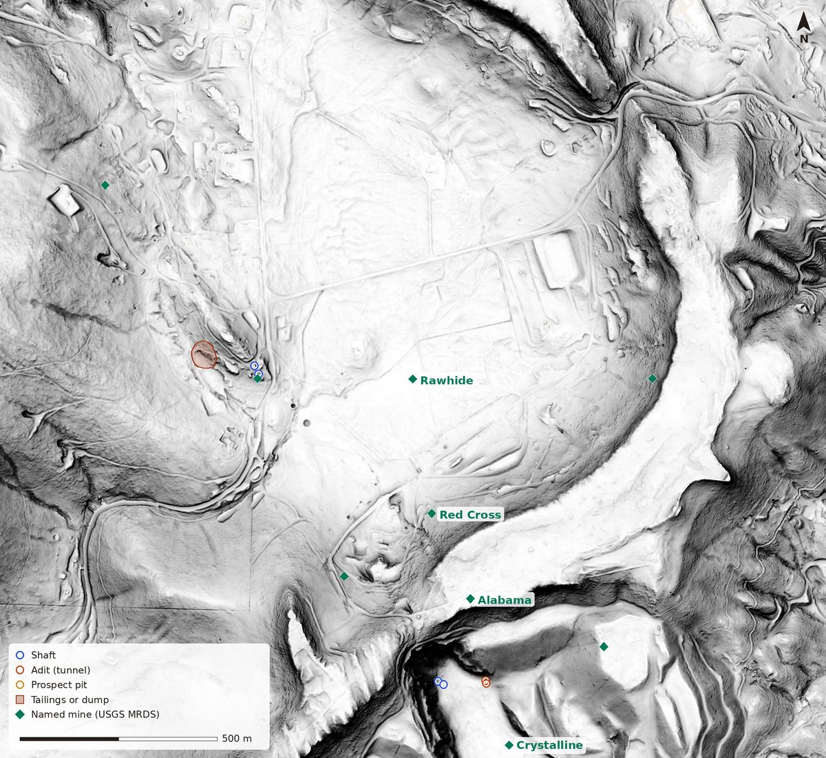 Bare-earth lidar relief northwest of Jamestown with mine markers: rolling ground with roads, the long, smooth, curving top of Table Mountain on the east side, a brown dump outline and blue shaft rings west of the Rawhide label, and green diamonds for named mines