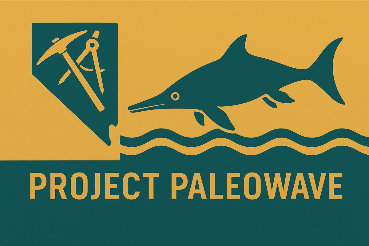 The PaleoWave flag: an ichthyosaur leaping over a wave beside the outline of Nevada, teal on gold