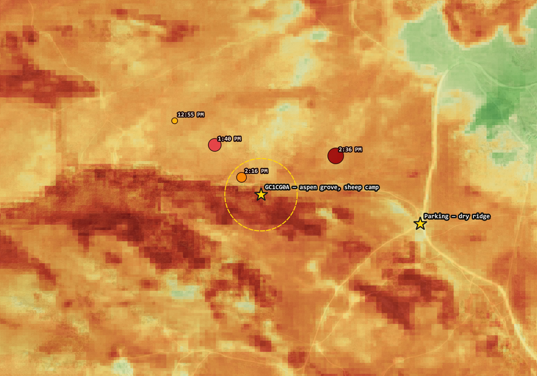 Burn severity map around the aspen grove, with VIIRS thermal detections approaching up the drainage from the southeast.