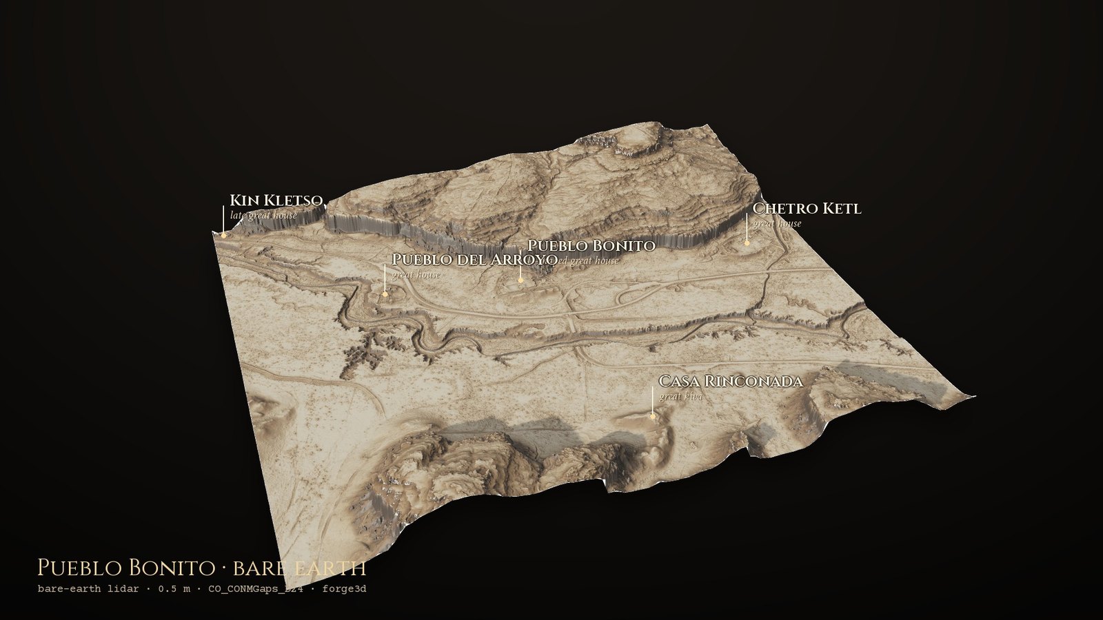Chaco Canyon's floor in bare-earth lidar with Pueblo Bonito's D shape, Chetro Ketl and Pueblo del Arroyo labelled below the canyon's north wall, and Casa Rinconada across the wash
