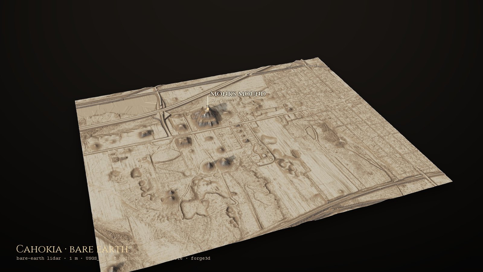 Cahokia in bare-earth lidar: Monks Mound's terraces at the centre of a flat plain dotted with smaller mounds, with the interstate cutting across the top