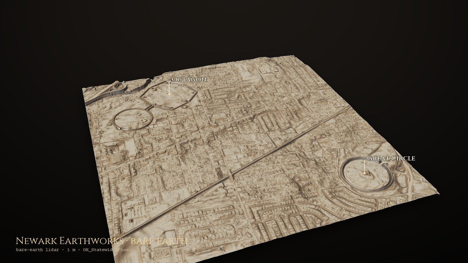 The Newark Earthworks in bare-earth lidar: an octagon joined to a circle at one side of the city, and the Great Circle at the other, among the streets of Newark, Ohio