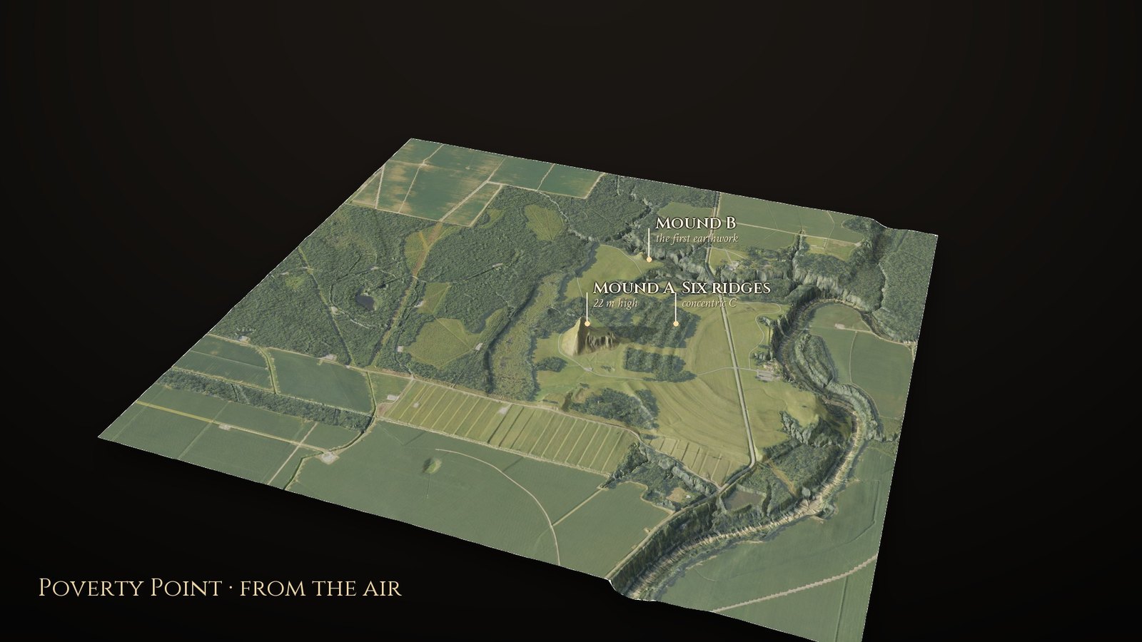 Poverty Point in Louisiana rendered in 3D with the aerial photograph draped over it: farm fields, trees and a winding bayou