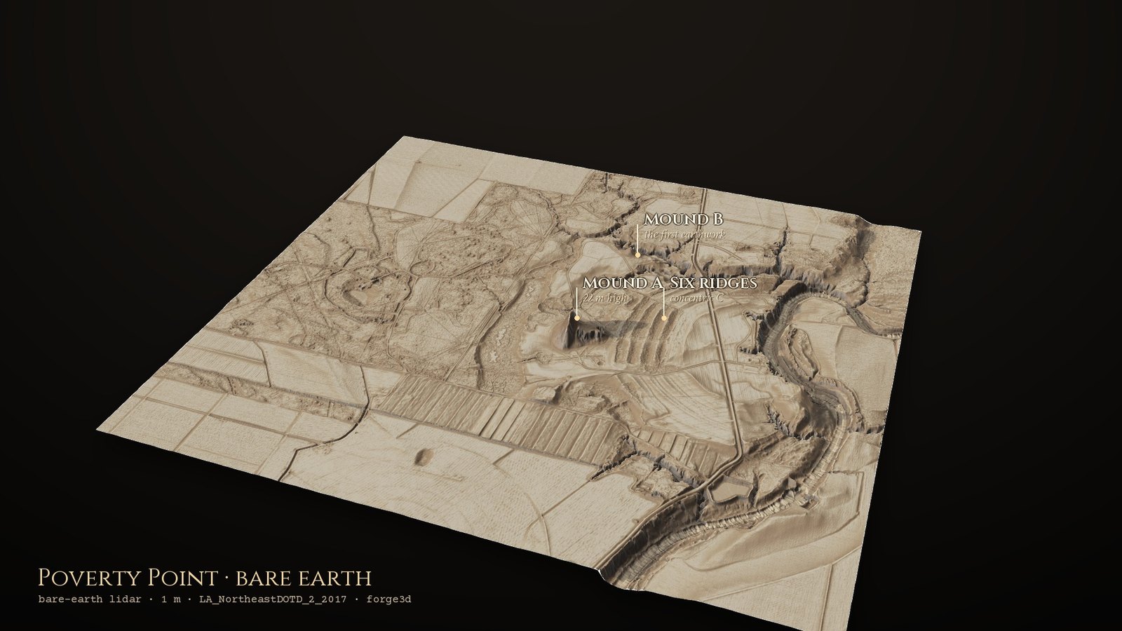 The same view of Poverty Point in bare-earth lidar: six concentric ridges curve around a plaza beside the bayou, with the large Mound A to the west