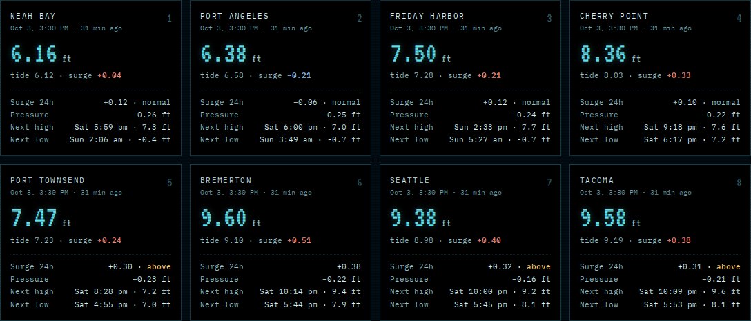 Eight terminal cards in order from the ocean, Neah Bay to Tacoma, each with the water level in large cyan numbers, the predicted tide and surge, the 24-hour surge against normal, the air pressure's share, and the next high and low