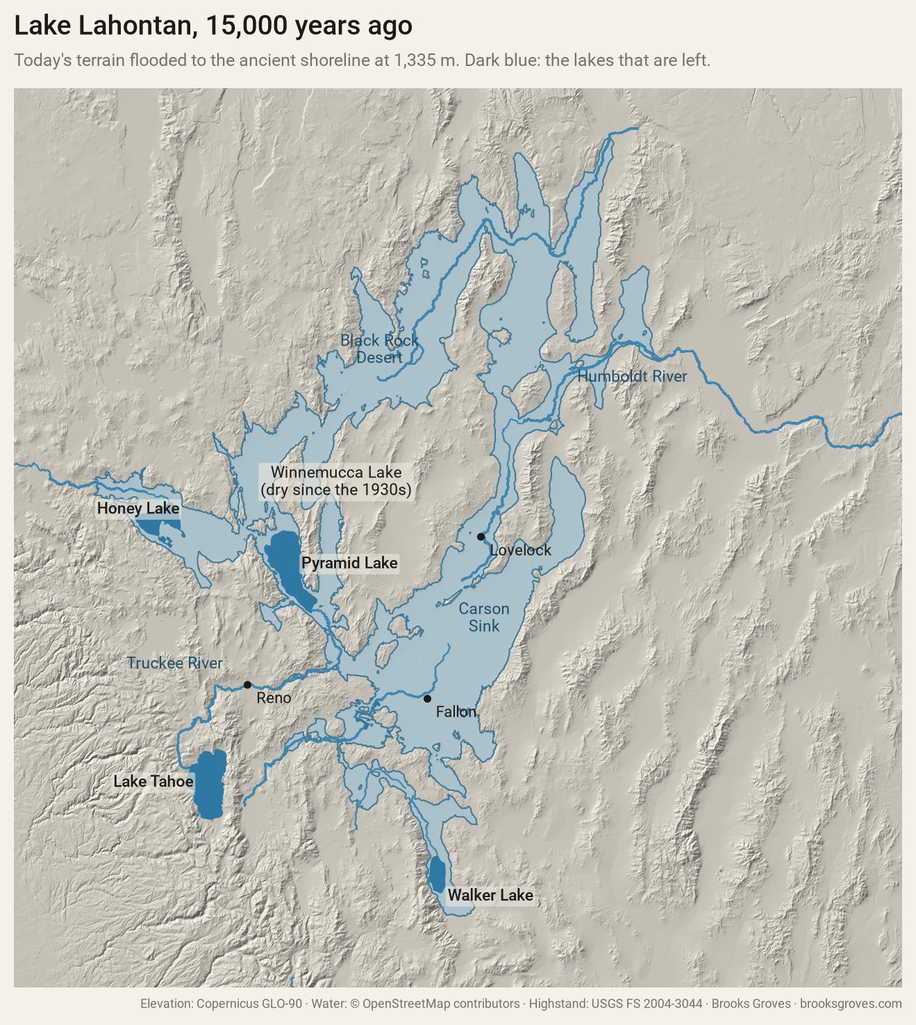 Shaded relief map of northwestern Nevada and northeastern California. A large pale-blue lake spreads across the valleys: a branching shape covering the Black Rock Desert, the Carson Sink, the Pyramid Lake and Winnemucca Lake valleys, Honey Lake, and south to Walker Lake, with the Truckee, Carson, Walker and Humboldt rivers flowing into it. Inside it, today's Pyramid Lake, Walker Lake and Honey Lake are small dark-blue patches. Lake Tahoe sits in the mountains to the southwest, outside the ancient lake. Reno, Fallon and Lovelock are marked.