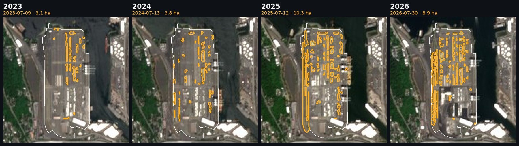 Four Sentinel-2 views of Terminal 5 in West Seattle from midsummer 2023 to 2026, with orange outlines around container stacks; the outlines are sparse in 2023 and 2024 and cover much more of the yard in 2025 and 2026