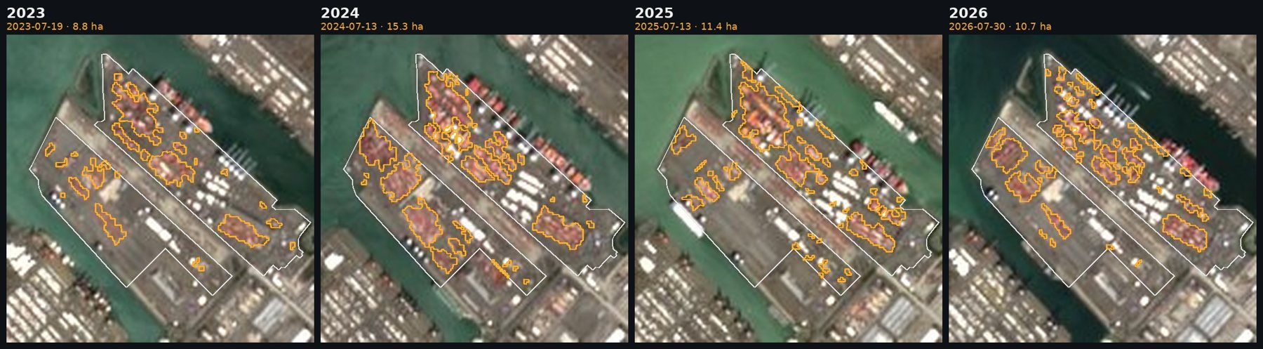 Four Sentinel-2 views of the Husky and East Sitcum container terminals at the Port of Tacoma from midsummer 2023 to 2026, with orange outlines around the container stacks