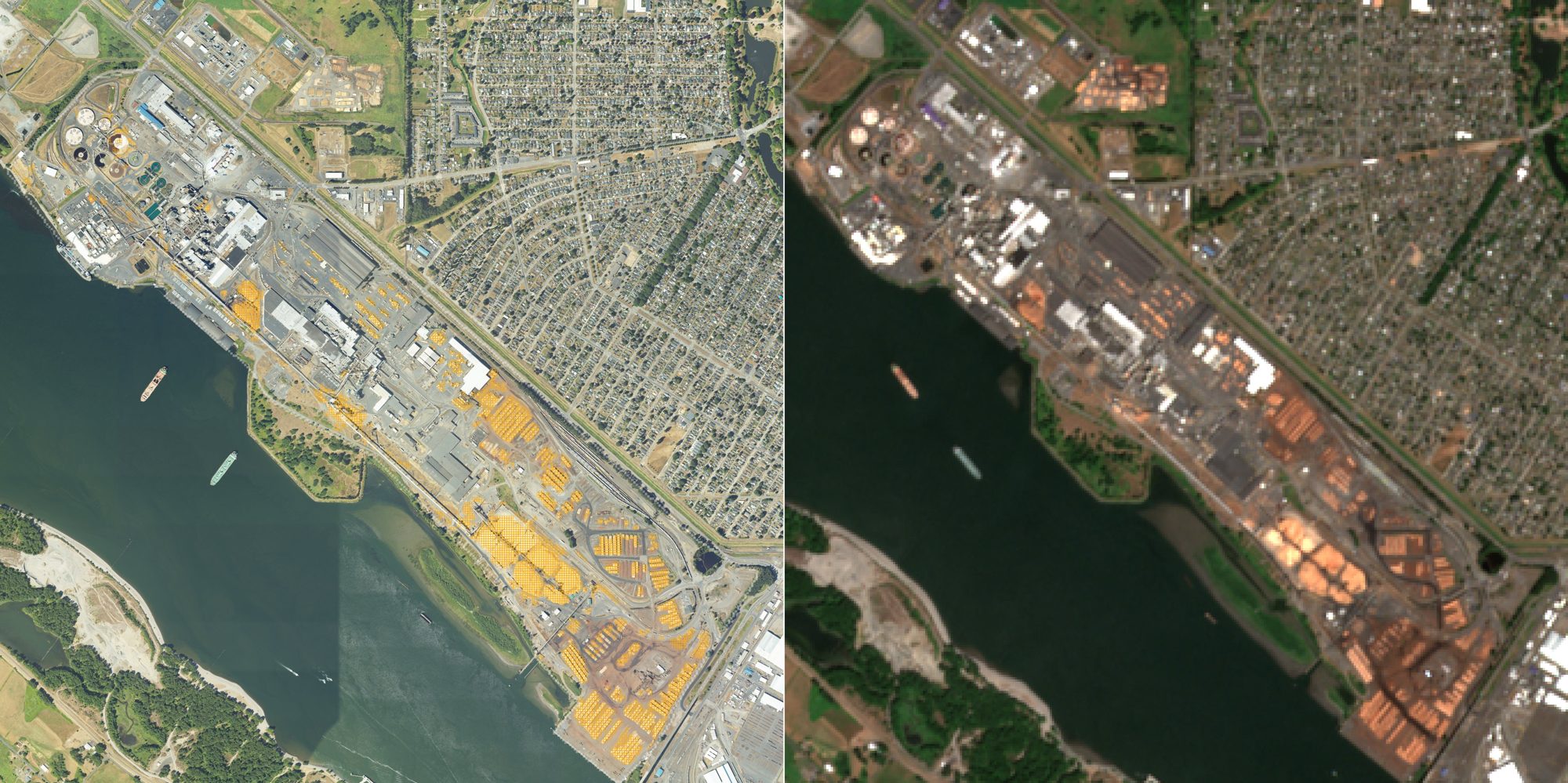 Left: a sharp aerial photo of the Weyerhaeuser log yards along the Columbia River at Longview, with small magenta squares marking every 10-metre pixel the classifier calls wood; the squares sit on the log decks, lumber stacks and sawdust piles. Right: the same area in the coarser Sentinel-2 satellite image, where the wood shows as salmon-orange patches