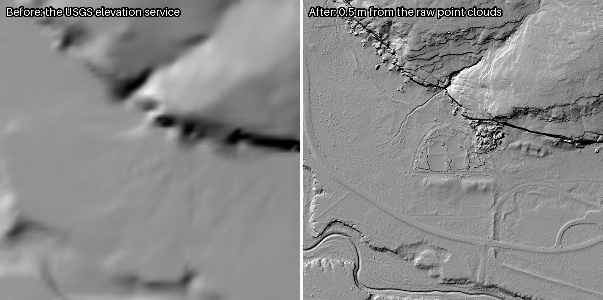 Two shaded-relief views of the same 600-metre square around Pueblo Bonito. Left, from the USGS elevation service: a soft blur with the canyon wall barely shown. Right, half-metre lidar from the raw point clouds: the D-shaped great house and its walls, the boulders below the cliff, the park road and the arroyo, all crisp