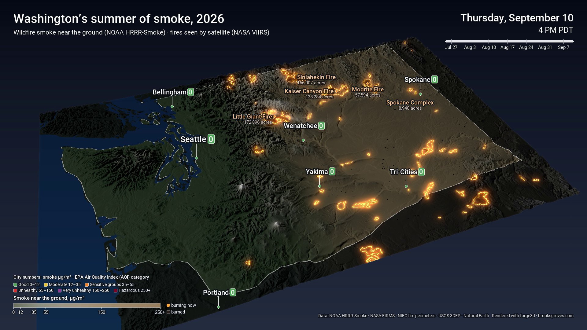 The final frame: official fire perimeters traced in glowing orange across eastern and north-central Washington, with the largest fires labelled with their acreage