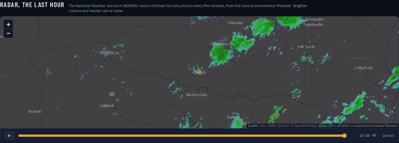Radar map centred on Lawton, Oklahoma: showers over Oklahoma City and Tulsa and storms in north Texas, on a dark base map