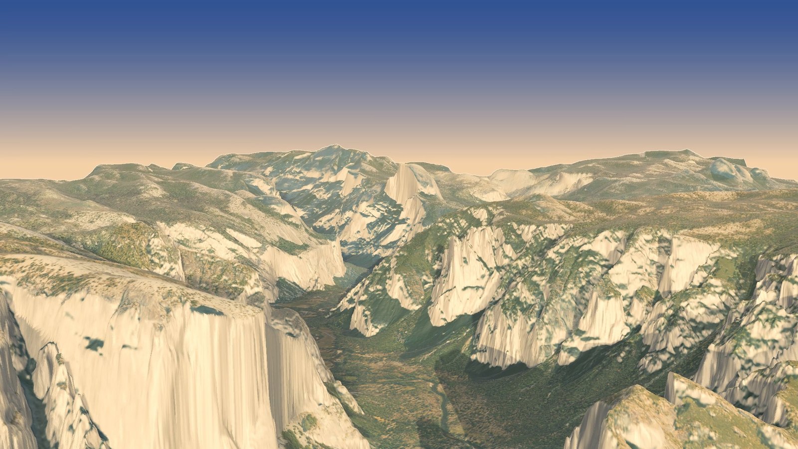 Coming out of the turn at Tunnel View: El Capitan's wall on the left, the valley running away to Half Dome in the middle distance, Cathedral Rocks on the right