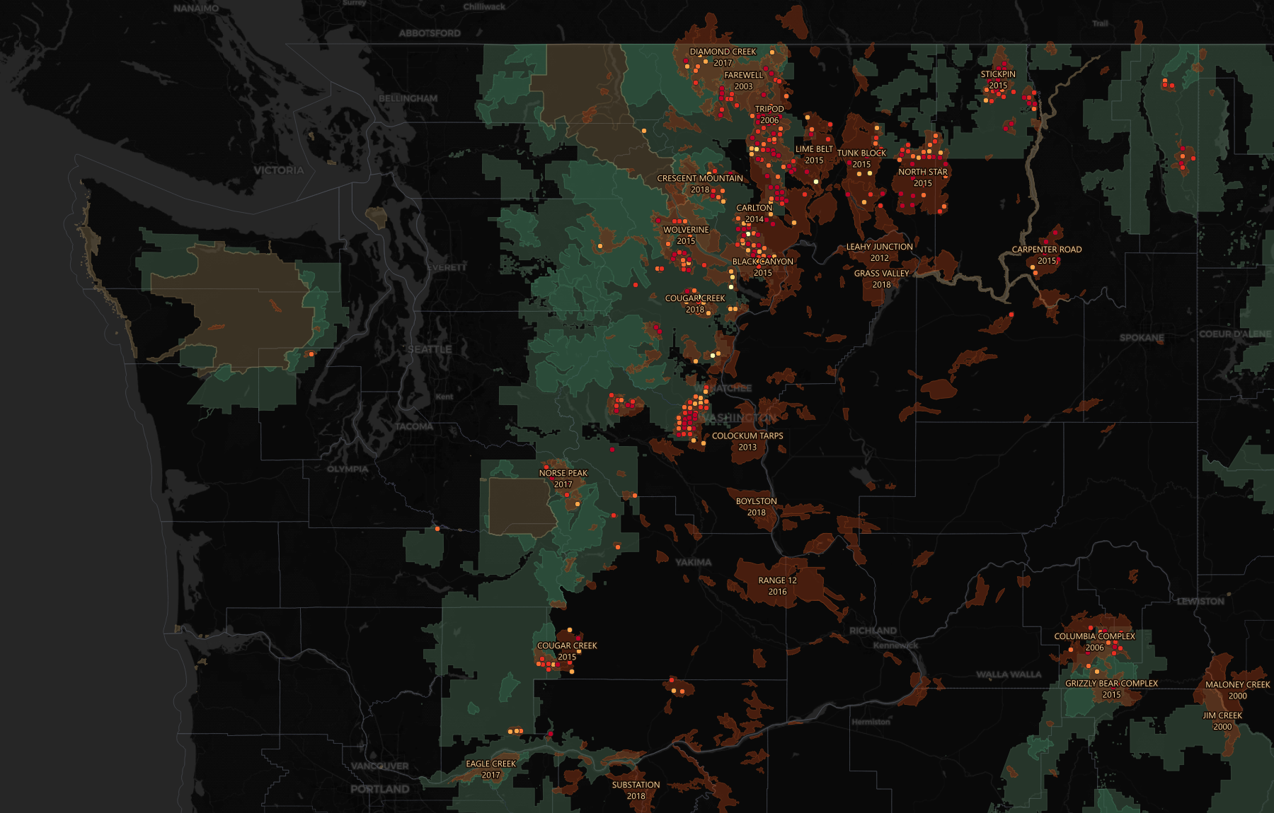 Map of Washington State showing wildfire perimeters since 2000 in orange, concentrated heavily on the dry eastern side of the Cascade crest, with forest plots overlaid.