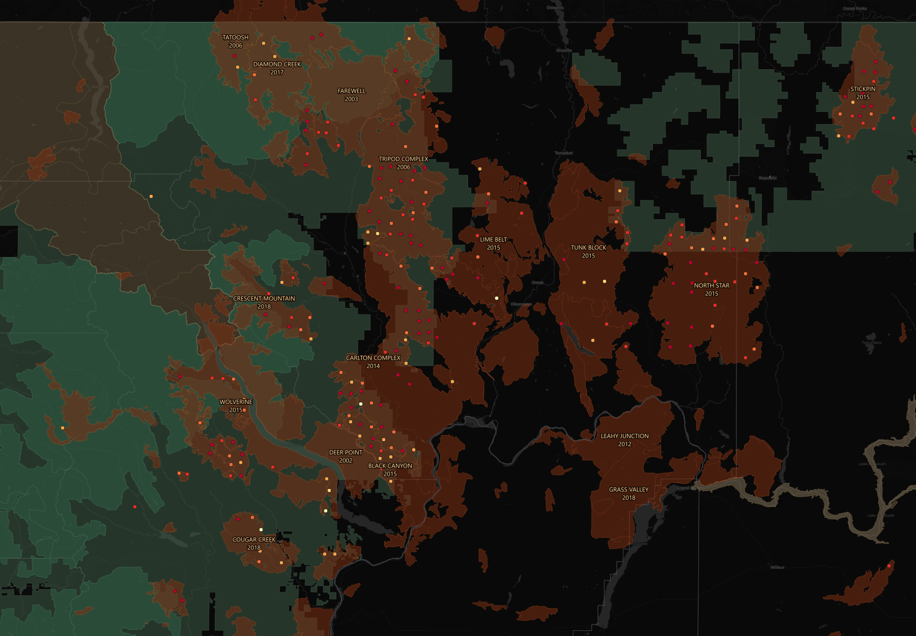 Detail map of Okanogan County, Washington, showing overlapping labeled wildfire perimeters including Tripod Complex 2006, Carlton Complex 2014, and North Star 2015.