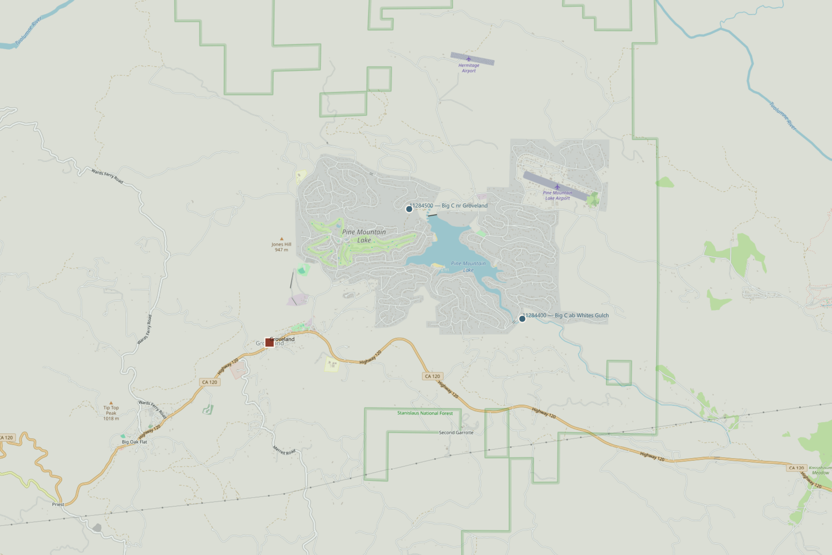 Map of Groveland, California and the two USGS Big Creek stream gages, built in QGIS from real OpenStreetMap data and surveyed USGS coordinates, showing Highway 120, Pine Mountain Lake, and the Stanislaus National Forest boundary.