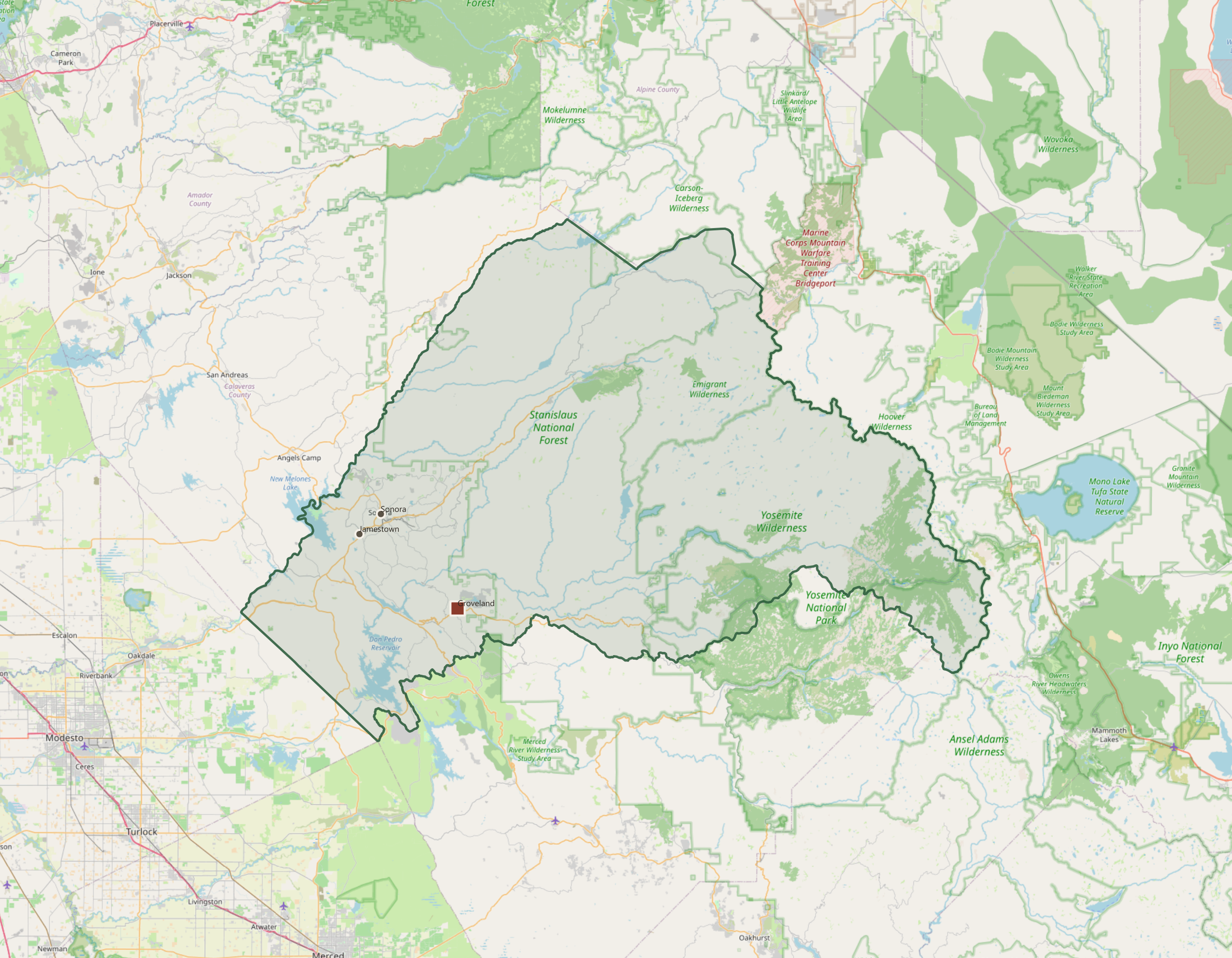 Map of Tuolumne County, California, its real boundary pulled live from the US Census Bureau, showing Groveland's position relative to Sonora, Jamestown, Stanislaus National Forest, and Yosemite National Park.