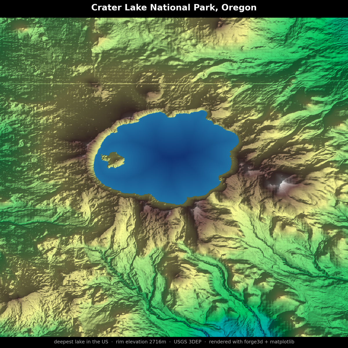 Crater Lake National Park, Oregon — terrain render showing the caldera, Wizard Island, and surrounding volcanic landscape, USGS 3DEP data