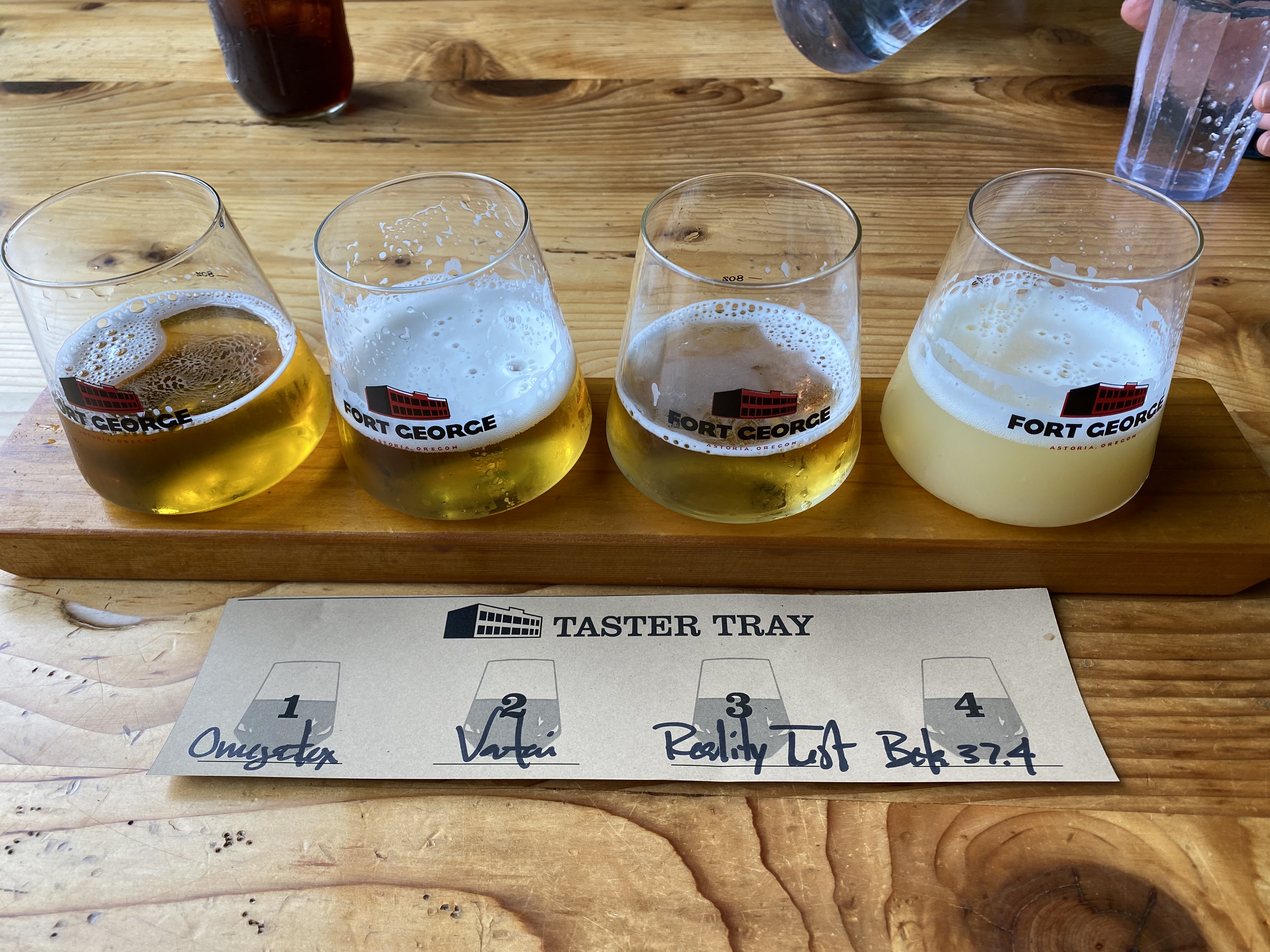 Fort George Brewery taster tray — Omegatex, Vortai, Reality Test, Beta 37.4