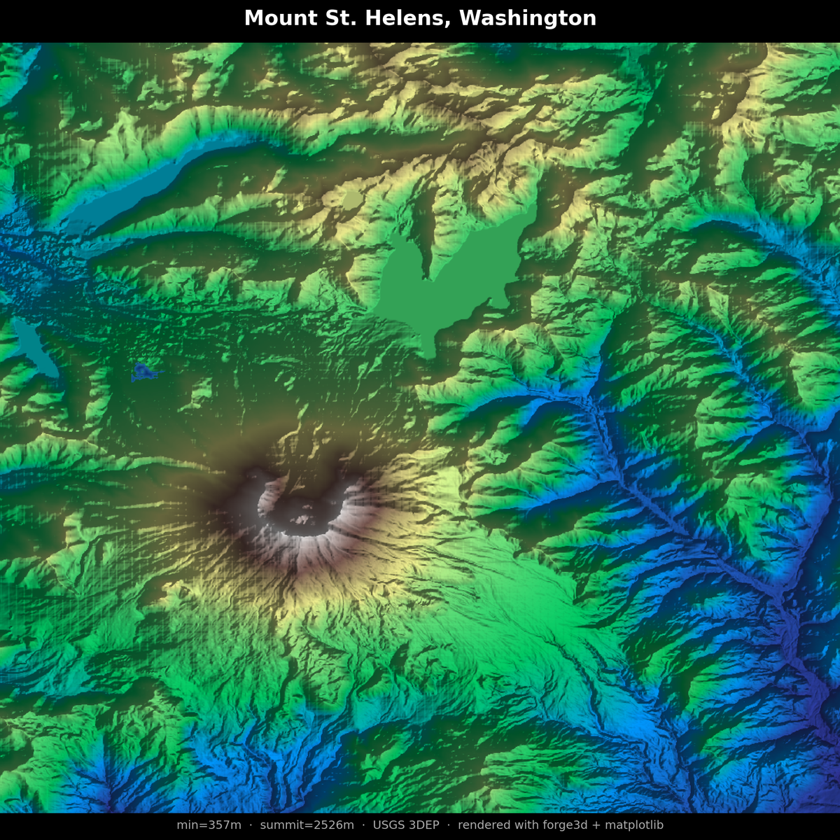 Mount St. Helens, Washington — terrain render showing the crater and blast zone, USGS 3DEP data, rendered with forge3d and matplotlib