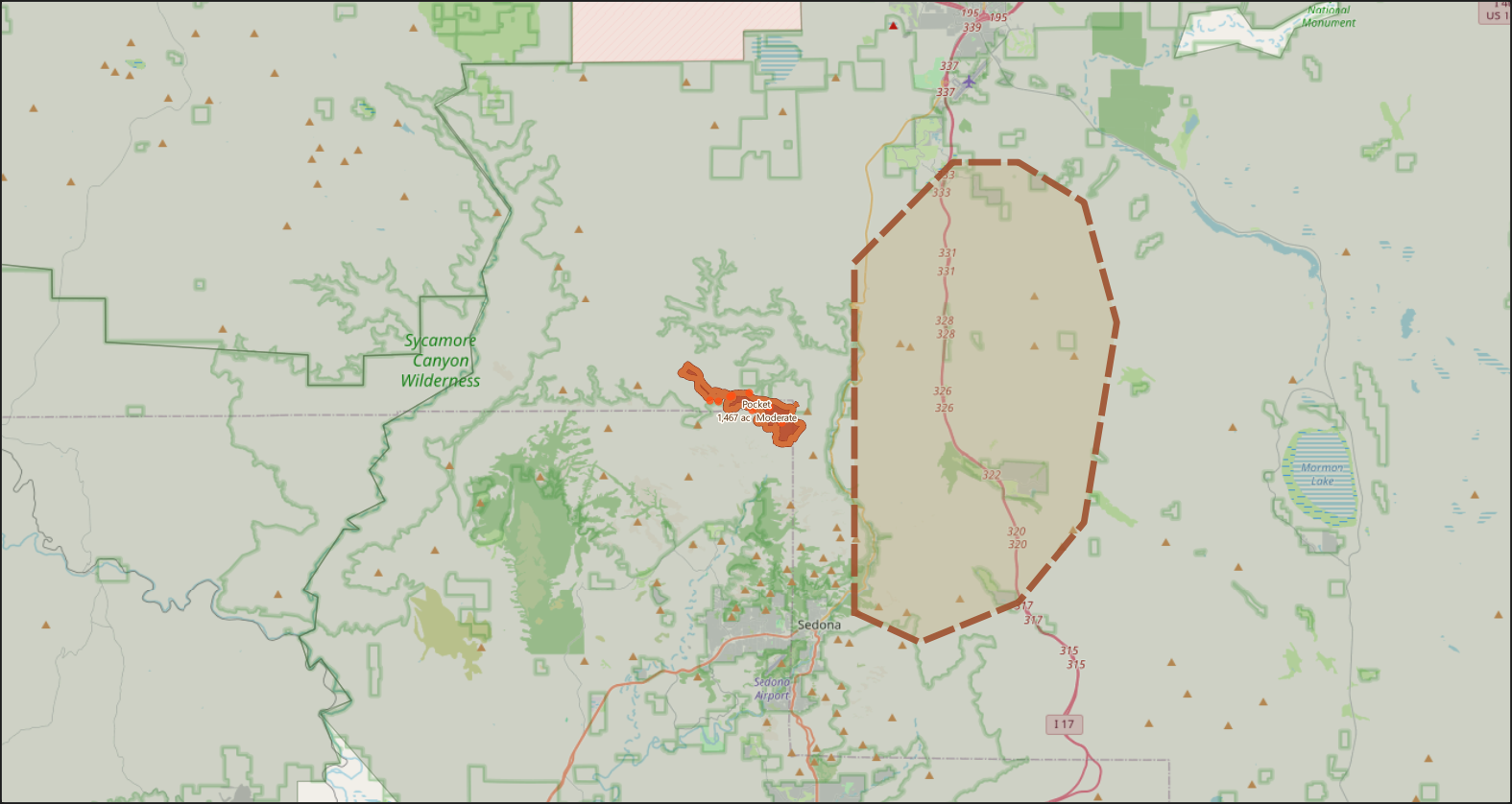 Pocket Fire map — QGIS live data showing current 26,803-acre fire perimeter, evacuation zones, MODIS thermal hotspots and Coconino National Forest