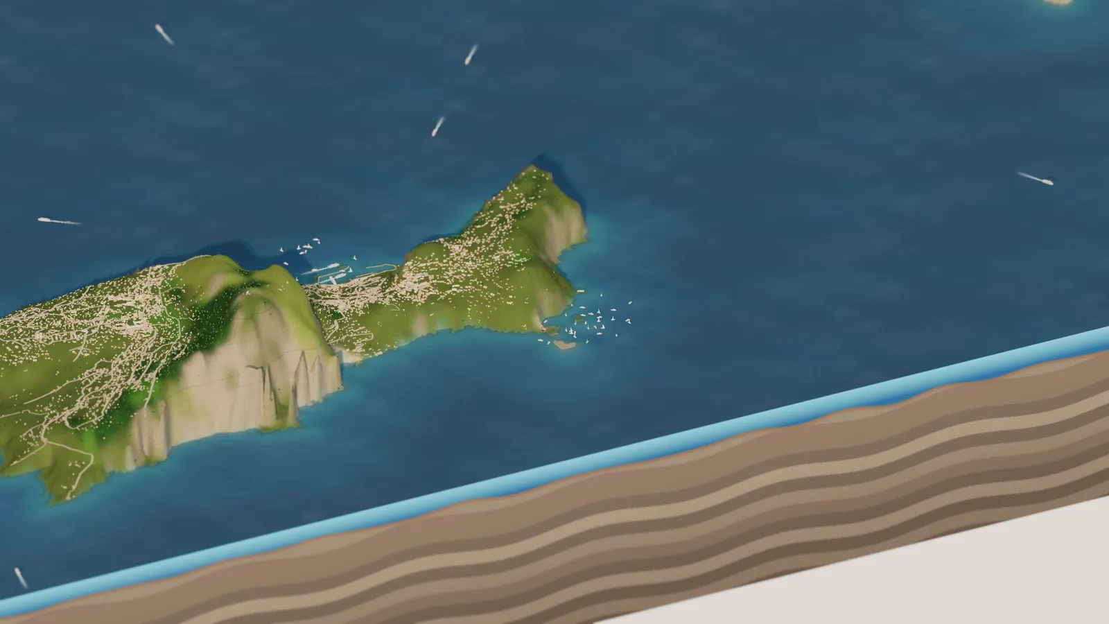 The island of Capri in the miniature sea, its limestone cliffs and green slopes rising to Monte Solaro, with boats at anchor near the Faraglioni and ferries crossing the deep blue water