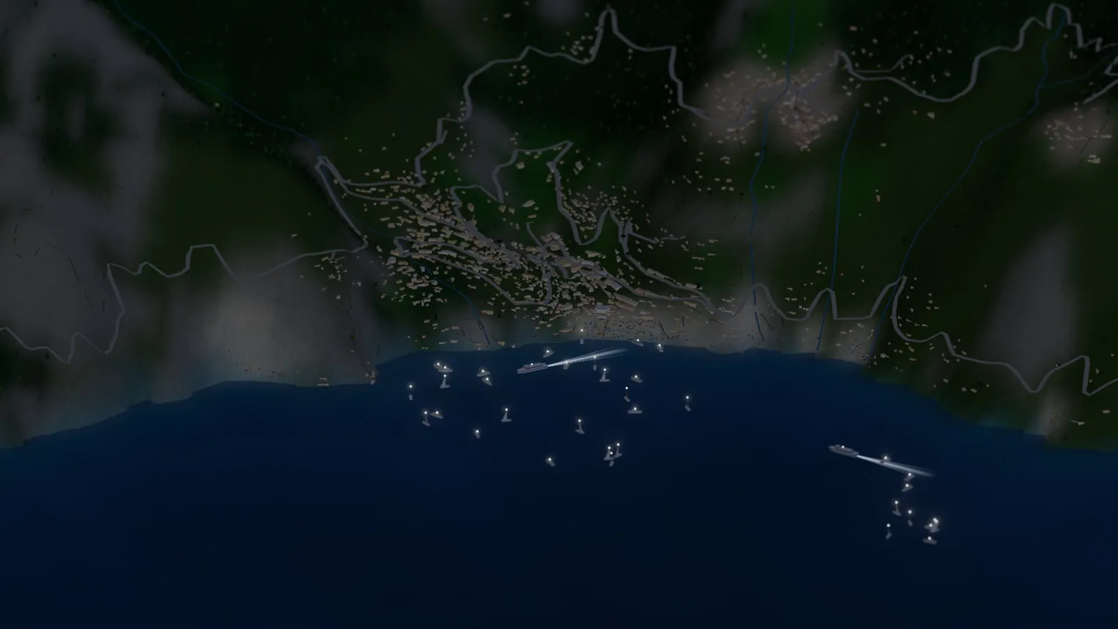 Positano at night in the miniature coast: the town's windows glowing on the dark hillside, a lit ferry leaving the pier, and small white anchor lights scattered across the dark blue bay