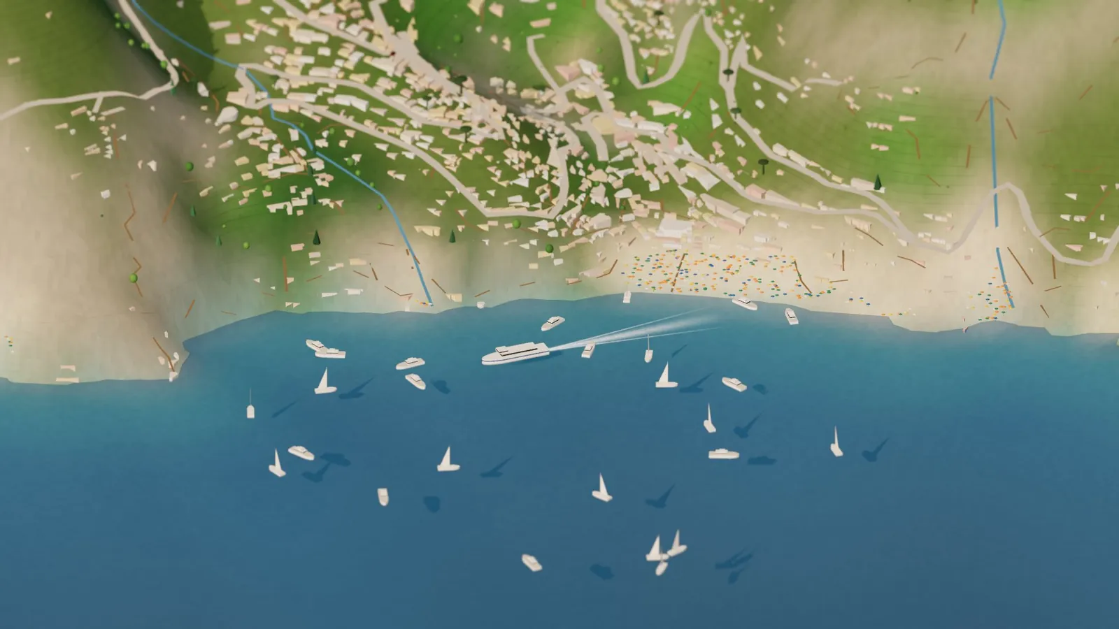 Close-up of miniature Positano: pastel houses stacked up a green hillside above a beach lined with umbrellas, a white ferry with its wake at the pier, and yachts and sailboats at anchor in the turquoise bay