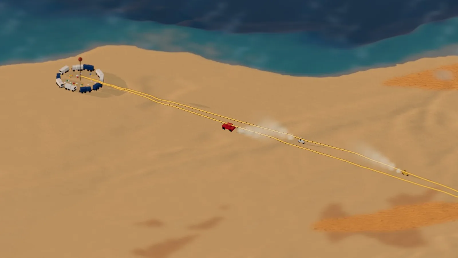 Rally cars leaving the miniature Agadir bivouac on the Atlantic coast, a ring of tents and support trucks round a tall pin, with dust trailing behind the cars on the route south