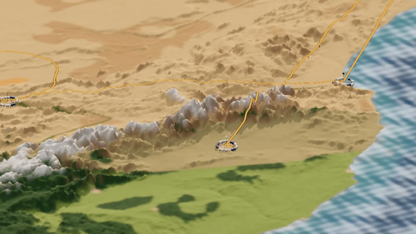 The miniature High Atlas seen from the north: snowy peaks rising beyond the green plain around Marrakech, with the Marrakech bivouac ring in front, the route crossing the range, and the desert and Agadir's coast beyond