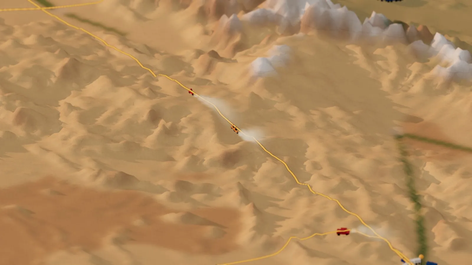 Rally bikes in the miniature desert near Zagora, each trailing a plume of dust along the amber route, with the green thread of the Draa oasis on the right and the snowy Atlas at the top