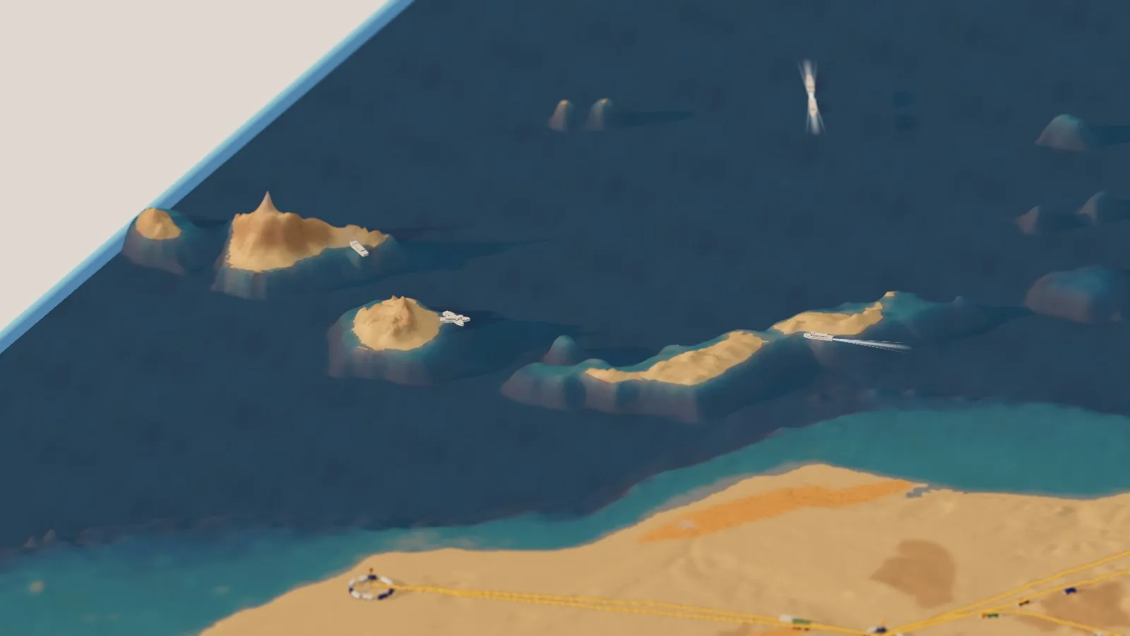 The Canary Islands in the miniature sea, volcanic islands rising from deep blue water with Teide's peak on Tenerife, ferries crossing between them, and the desert coast of the mainland in front