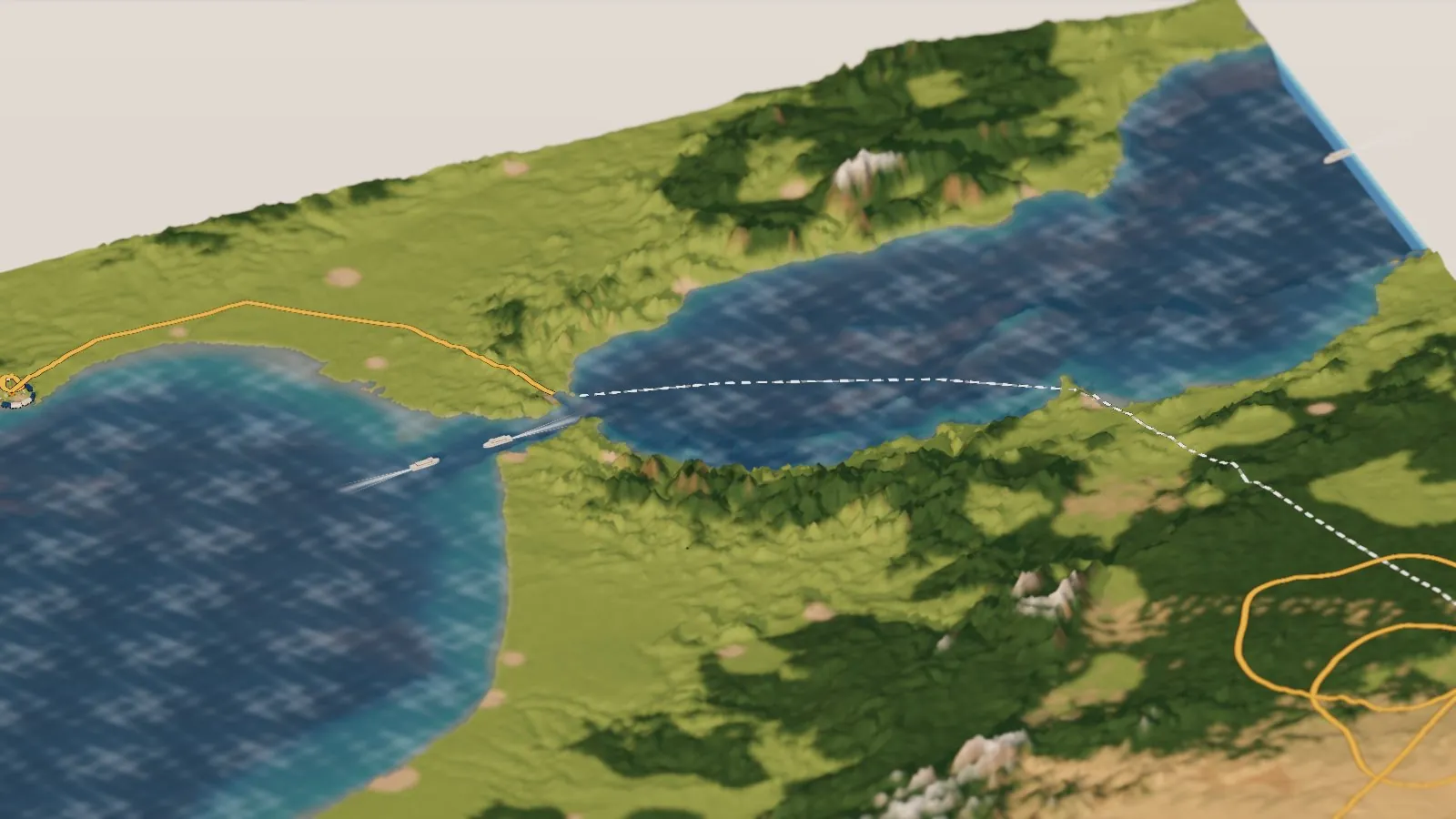 The Strait of Gibraltar in the miniature, with green Andalusia above and the Rif mountains of Morocco below, the amber route of stage 1 reaching the strait and a dashed white ferry line crossing the Alboran Sea toward Nador