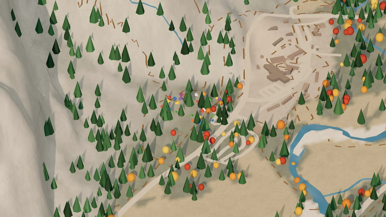 Close-up of the miniature valley floor: a cluster of small colorful tents among pines and oaks below the north wall, with the lodge buildings, roads and the Merced River nearby