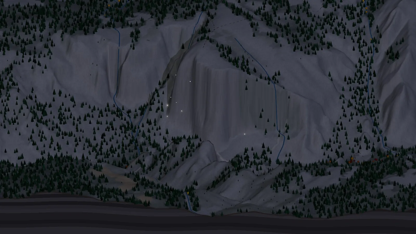 El Capitan at night in the miniature valley, the great wall in blue-grey moonlight with small warm points of light scattered across its face