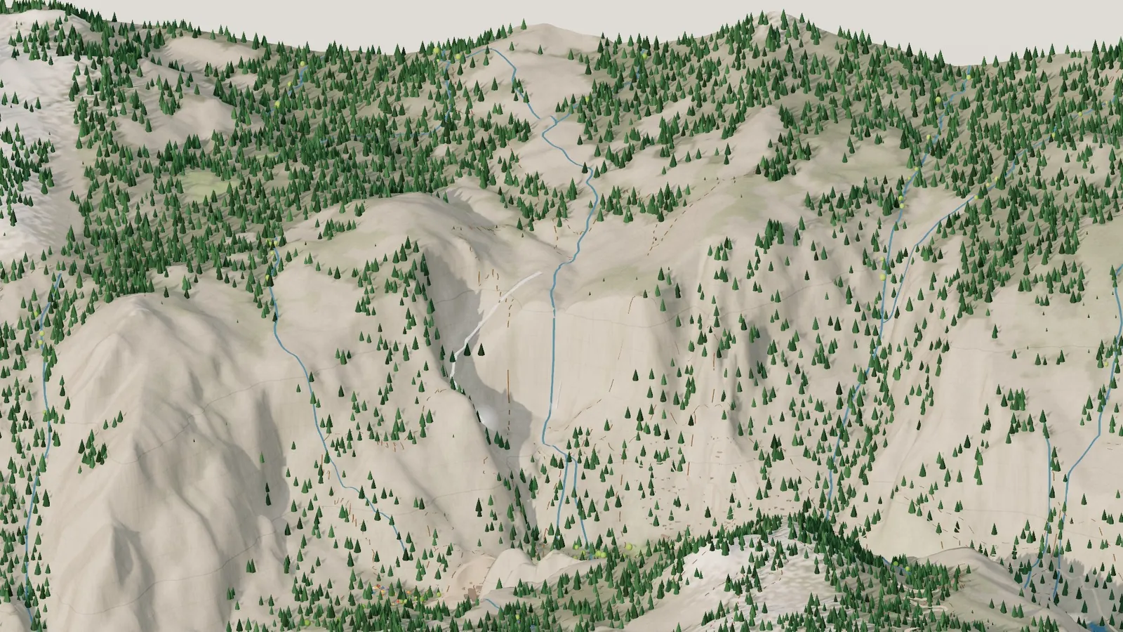 The north wall of the miniature valley in spring, with Upper and Lower Yosemite Fall flowing white down the granite and creeks running high in the forest above