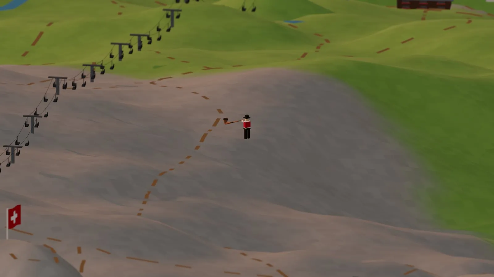 A tiny alphorn player in a red vest and black hat on a grassy shoulder in the miniature, his long wooden horn resting on the ground, with a chairlift running up the slope behind him and a Swiss flag nearby