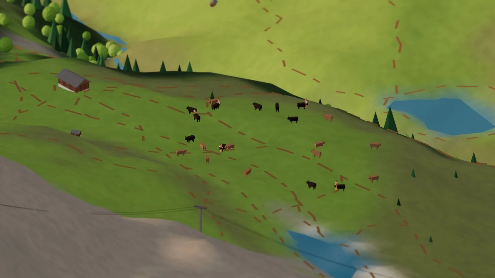 A herd of black Eringer and brown cows grazing on a green pasture above Findeln in the miniature, a few of them wearing flower headdresses, with an alpine hut, larches and the Stellisee lake nearby