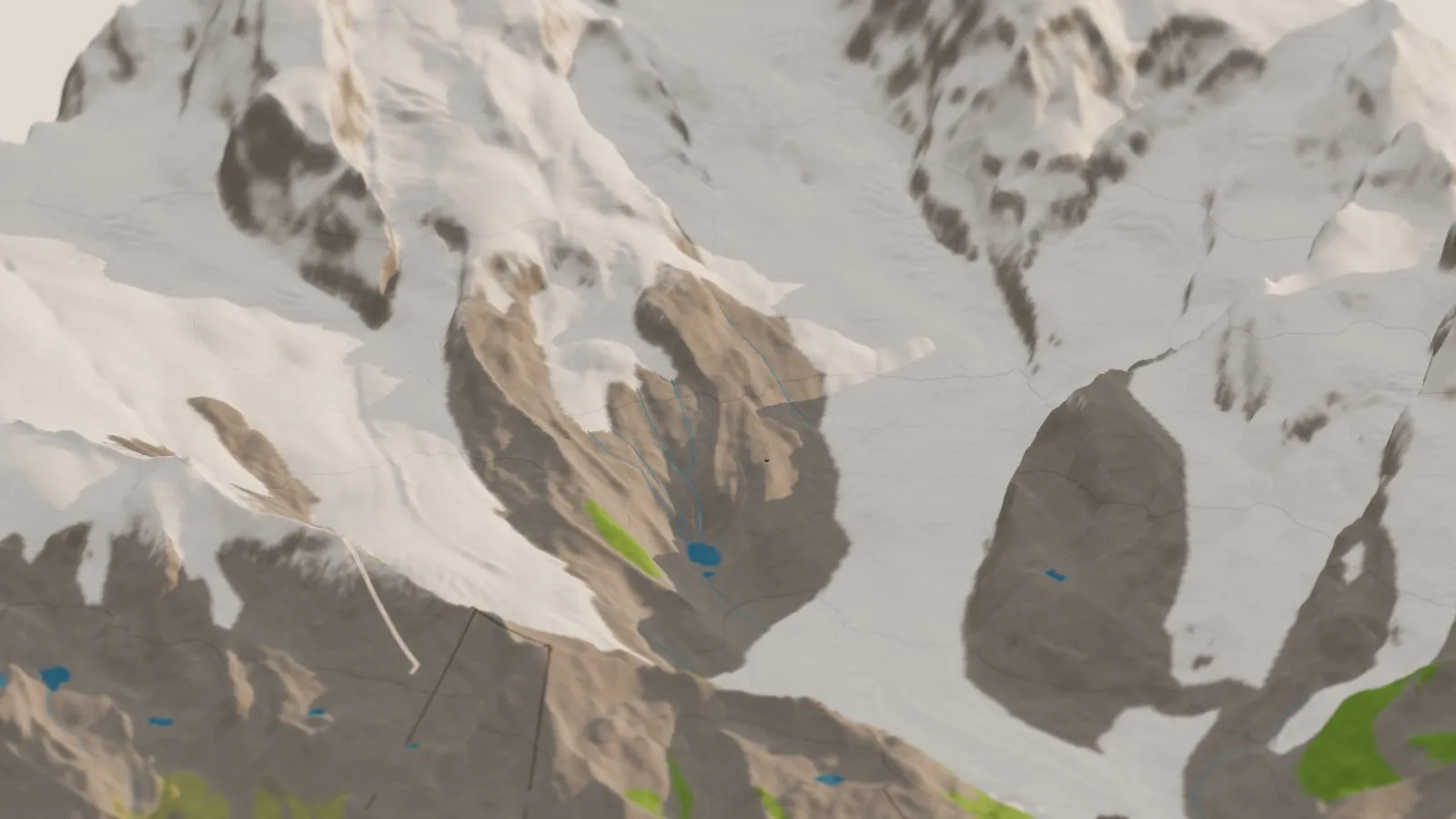 Looking across the miniature Gorner Glacier toward Monte Rosa: broad white ice flowing between grey rock ridges, with the Gornergrat railway's trails in the foreground