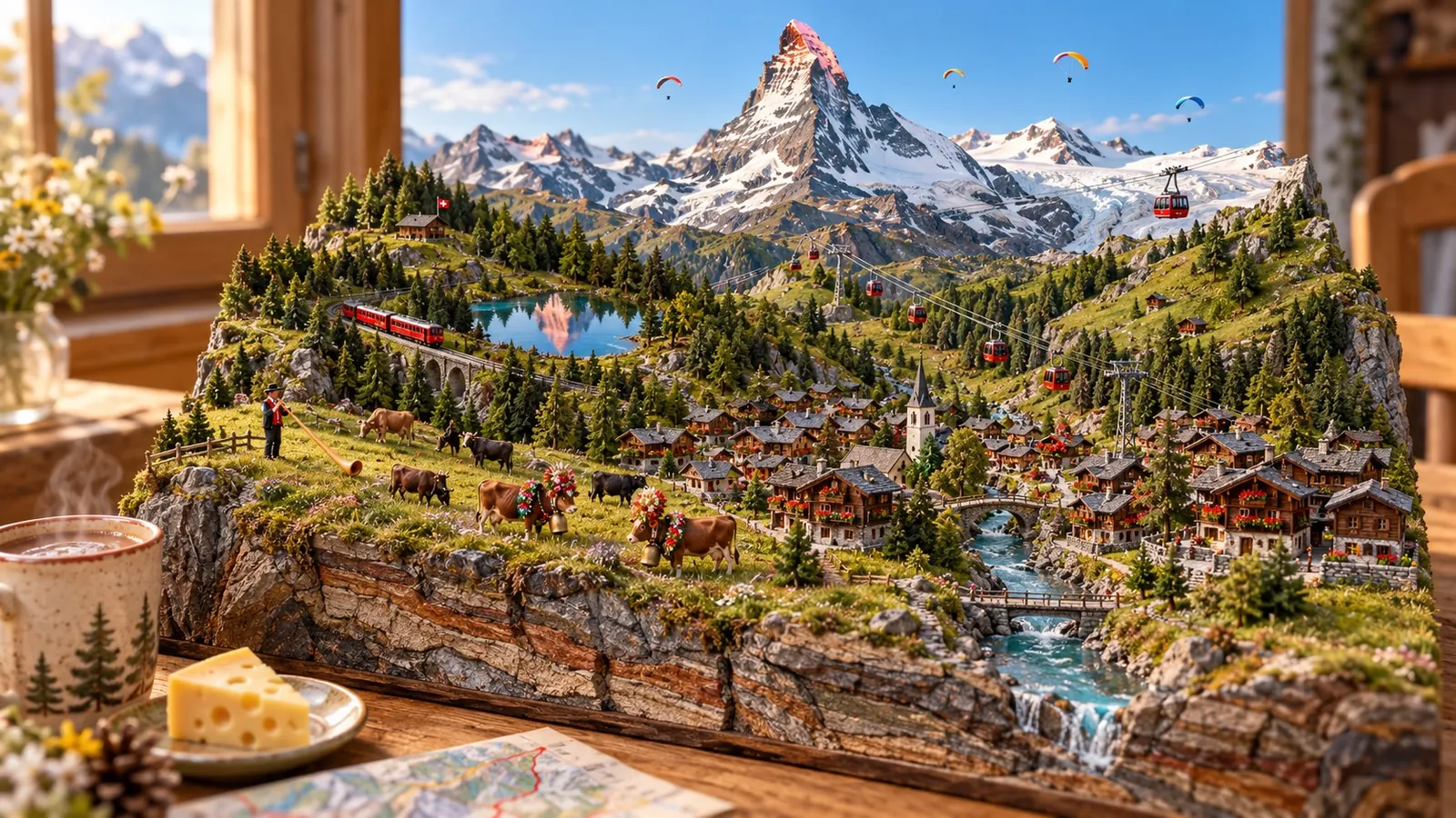 An AI illustration of Zermatt as a miniature model on a wooden table by a window: the Matterhorn glowing pink at the back, a red train passing a lake that reflects it, red gondolas over larch woods, a village of chalets with red geraniums and a church spire, an alphorn player, and cows in flower crowns with big bells, beside a mug of hot chocolate, a wedge of Swiss cheese and a folded map
