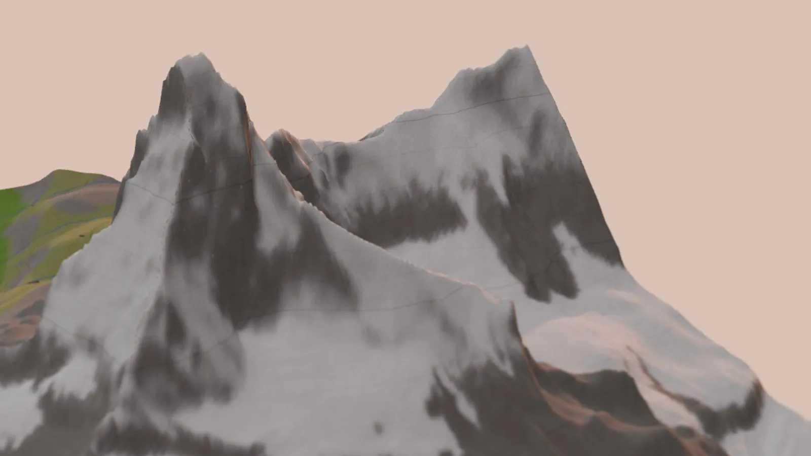The miniature Matterhorn at golden hour, seen from the Zermatt side: its pointed summit with the Hörnli ridge running toward the viewer, rock faces streaked with snow, the Dent d'Hérens behind on the right and green pastures on the left