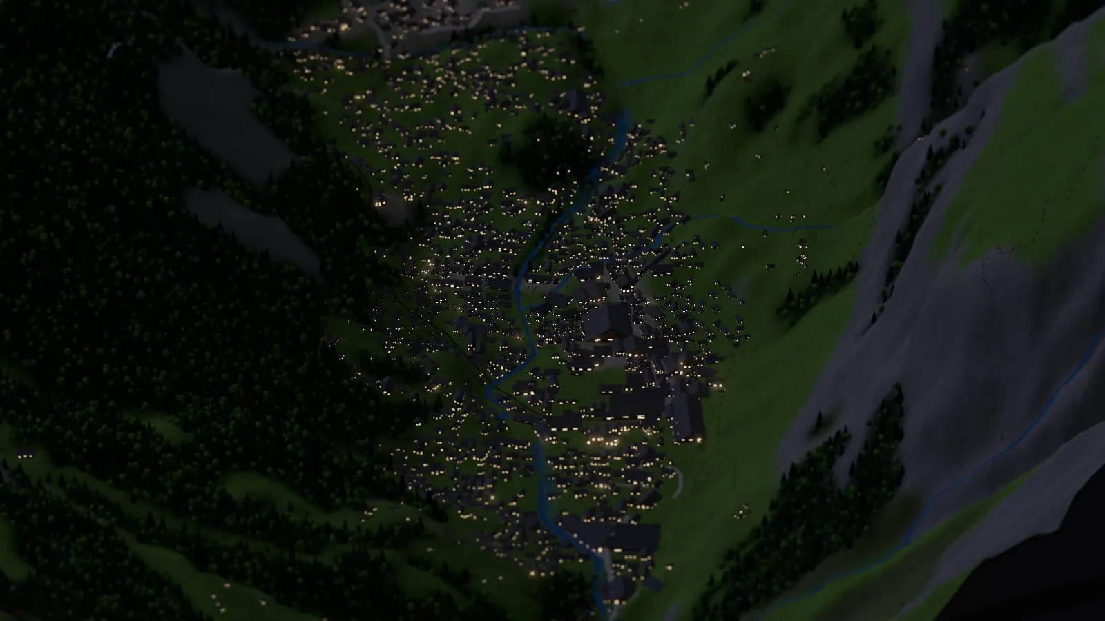 The miniature Zermatt at night, hundreds of chalet windows glowing warm yellow along the river under the dark wooded slopes