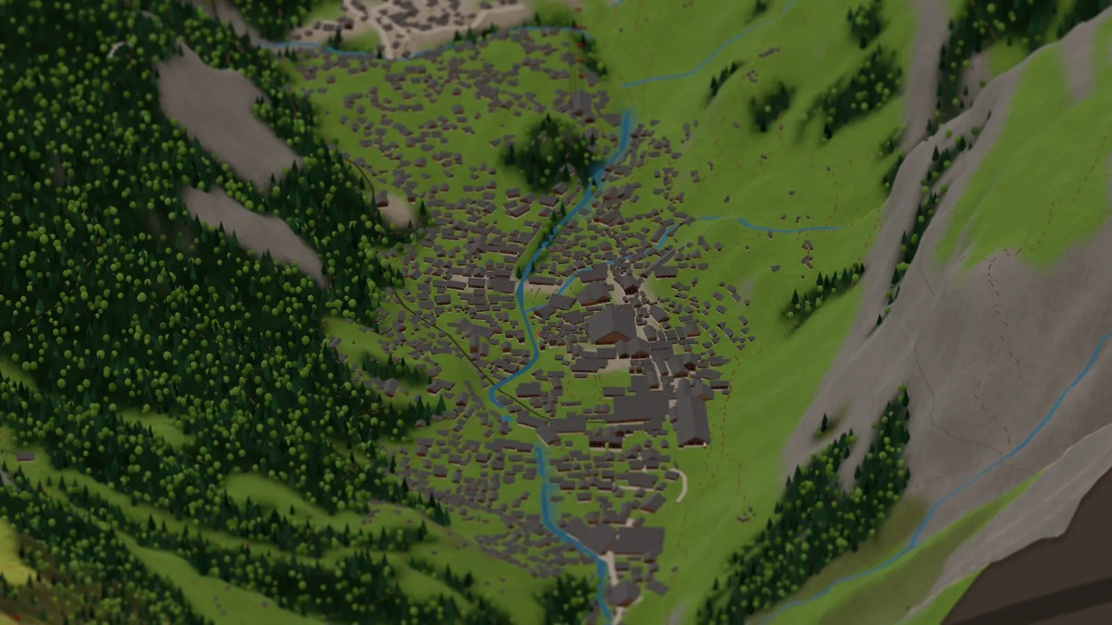The miniature village of Zermatt in late afternoon light: hundreds of little chalets with grey roofs along the river, larch and pine woods on the slopes, and green meadows climbing the valley sides