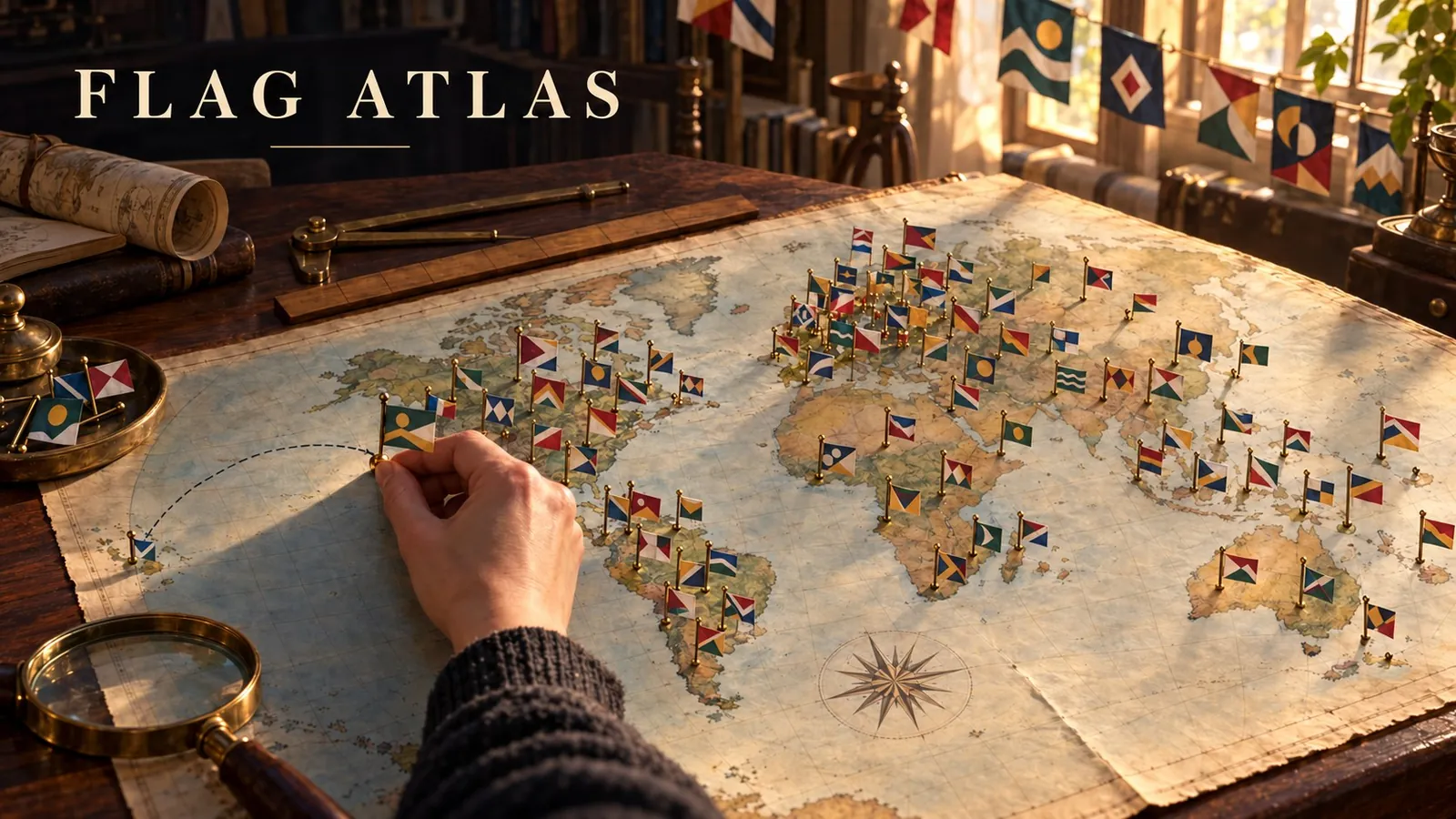 Morning light across a cartographer's desk: an old world map covered in small flags on brass pins, and a hand placing one more on the Pacific Northwest coast