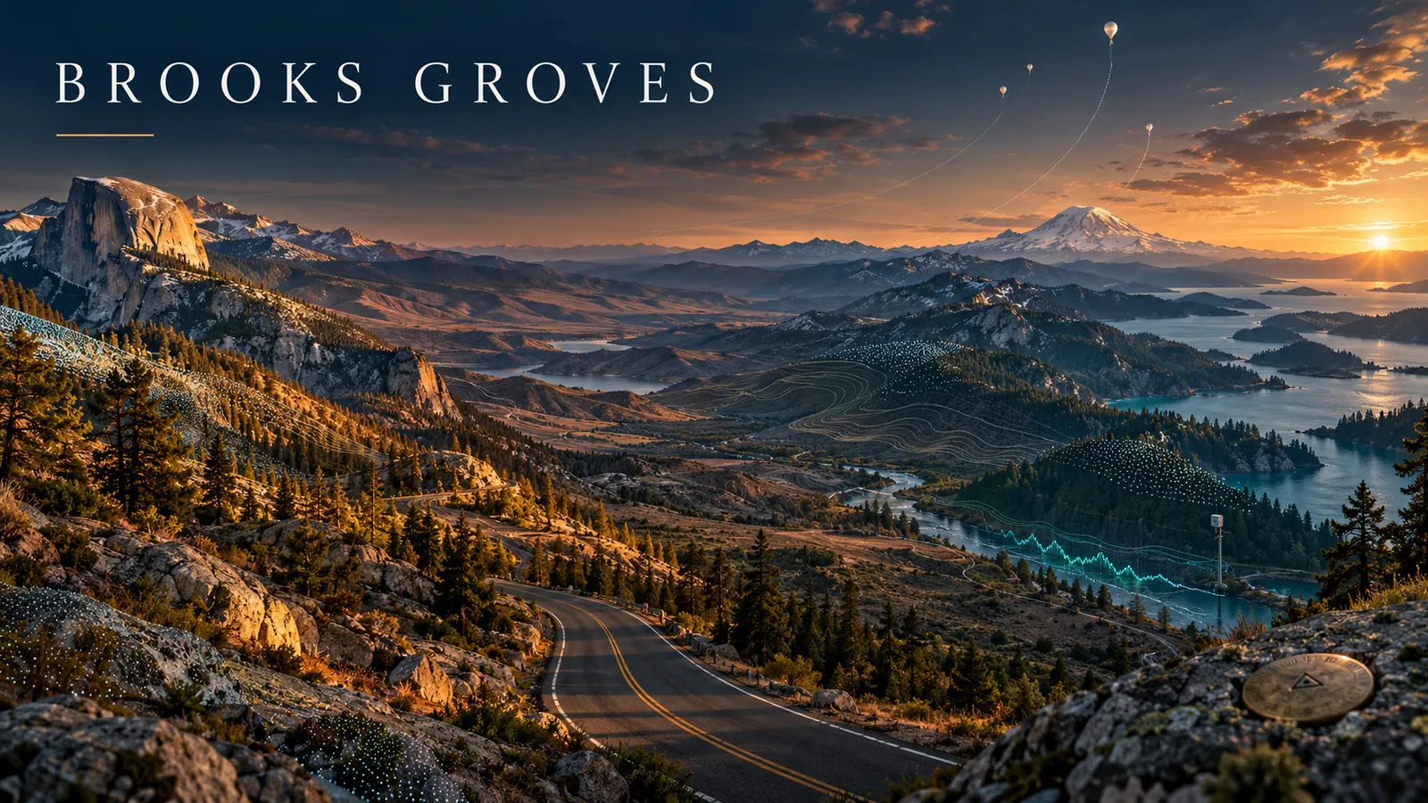 A Sierra road at sunset under data traces, Half Dome and Mount Rainier in the distance