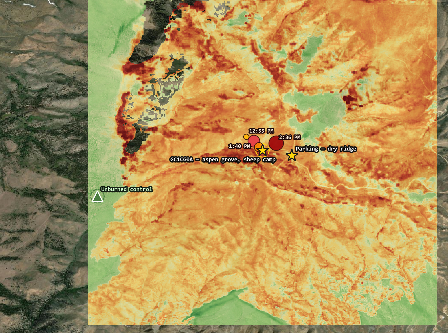 Map showing the burned aspen grove and the unburned control stand three kilometres to the west-southwest, over burn severity and satellite imagery.